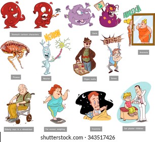 medical set (stomach carftoon characters,germ,anorexia,piraeus,neuron,organ mafia,stress,eldery man in a wheelchair,fat woman weighing,insomnia,get plaster children