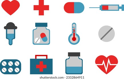 Medical set, vector. Heart and cardiogram, pills and medicines, syringe and pipette, thermometer and first aid kit, red cross.
