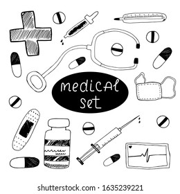Medical set vector illustration. Hand drawn design.