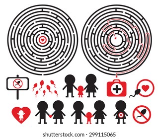 Medical set. vector illustration of spermatozoon that want to reach the egg through the maze and some other symbols