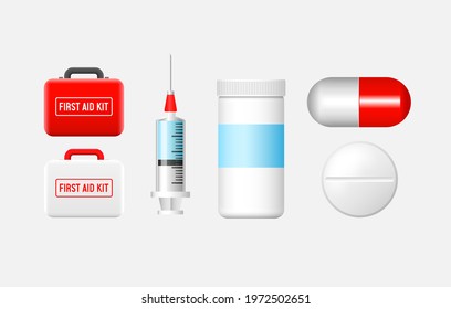 Medical set. Vector images of medical instruments and drugs: first aid kit, syringe, pill, medicine jar.