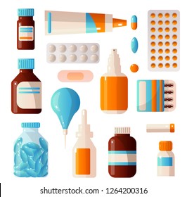 Medical sets of drugs that contain various pills, potions, drops, ampoules, bandages, syringes and others.