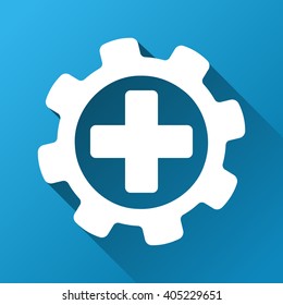 Medical Settings vector toolbar icon for software design. Style is a white symbol on a square blue background with gradient long shadow.