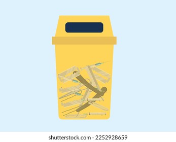 Medical sharps waste bins is full of sharps waste and medical garbage including syringe blade razor blade pine alpine and scissor. Common sharp garbage and sharps disposal system with awareness.