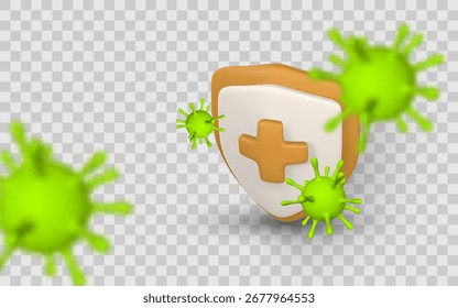 Ataque de vírus de bloqueio de escudo médico com símbolo de cruz laranja. Imune Defence and Health Protection Concept on Transparent Background (Defesa imunitária e conceito de proteção da saúde em um contexto transparente). Ilustração de vetor.