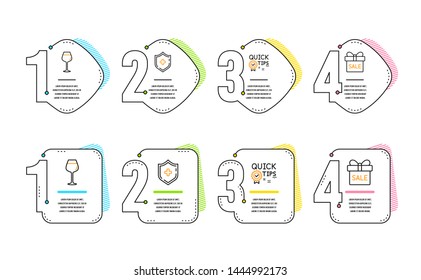 Medical shield, Bordeaux glass and Quick tips icons simple set. Sale offer sign. Medicine protection, Wine glass, Helpful tricks. Gift box. Infographic timeline. Line medical shield icon. Vector