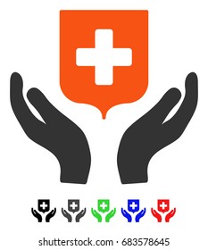 Medical Shield Care Hands flat vector illustration with colored versions. Color medical shield care hands icon variants with black, gray, green, blue, red.