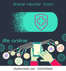 Medical shield with cross icon. Black pictogram. Modern flat design vector illustration, new concept for web banners, web site, infographics. Vector icon graphic art isolated on gradient background