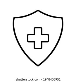 Medical shield with cross icon. Black pictogram. Modern flat design vector illustration, new concept for web banners, web site, infographics.