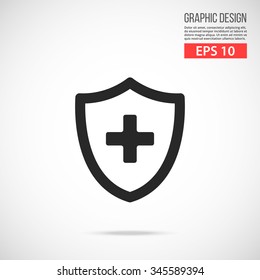 Medical shield with cross icon. Black pictogram. Modern flat design vector illustration, new concept for web banners, web site, infographics. Vector icon graphic art isolated on gradient background