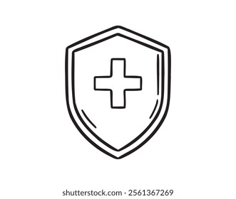medical shield doodle hand drawn icon. Outline drawing medical shield health line clipart symbol. Vector illustration