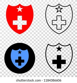 Medical shield EPS vector pictogram with contour, black and colored versions. Illustration style is flat iconic symbol on chess transparent background.