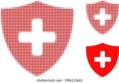 Medical shield halftone dotted icon. Halftone pattern contains circle pixels. Vector illustration of medical shield icon on a white background.