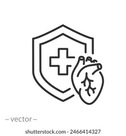 Medizinisches Schild mit Herz-Ikone, vollständiger kaldiologischer Schutz, Herz-Support, Dünnlinien-Symbol - Vektorillustration