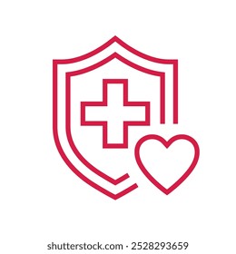 Escudo médico con el icono del corazón, protección completa de la caldiología, Asistencia del corazón, símbolo delgado de la línea. Ilustración vectorial