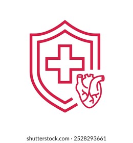 Medical shield with heart icon, complete caldiology protection, heart support, thin line symbol. Vector illustration