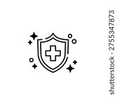 A medical shield icon with a cross surrounded by sparkles and circles.