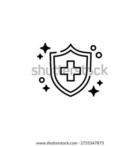 A medical shield icon with a cross surrounded by sparkles and circles.