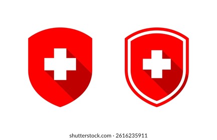 Medical shield icon with long shadow. Health, healthy badge sign symbol