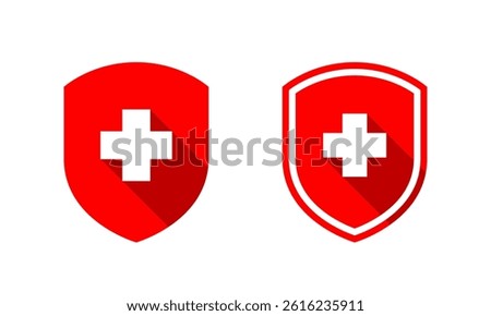 Medical shield icon with long shadow. Health, healthy badge sign symbol
