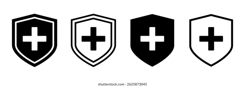 Medical Shield Icon Set with Cross Symbol. Health Protection, Safety and Security Black Outline and Filled Silhouettes for Healthcare and Medical Applications.