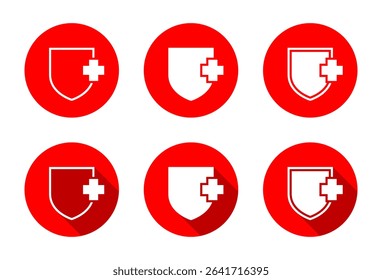 Medical shield icon set with long shadow. Healthy badge sign symbol