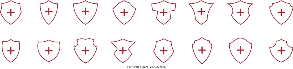 Conjunto de iconos de escudo médico con símbolos de cruz roja que representan la atención médica, la protección, la seguridad, el hospital, la emergencia y la seguridad, ideal para App, Sitios web e infografías.