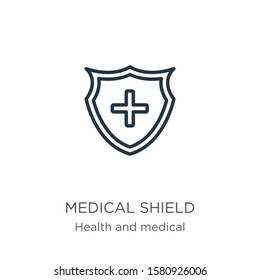 Medical shield icon. Thin linear medical shield outline icon isolated on white background from health and medical collection. Line vector sign, symbol for web and mobile