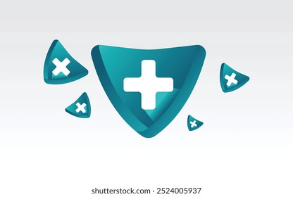 Medical shield icon with a white cross at the center and smaller triangle-shaped symbols around it, representing healthcare, protection, and medical services on a white background.