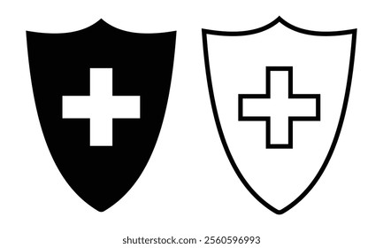 Medical shield icons. Vector insurance icons isolated on white background. Health care concept. Fill and stroke protection icon. Vector illustration.