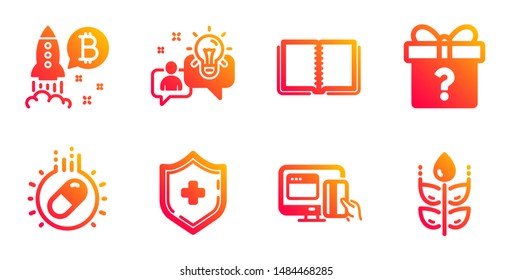 Medical shield, Idea and Online payment line icons set. Secret gift, Bitcoin project and Capsule pill signs. Book, Gluten free symbols. Medicine protection, Solution. Business set. Vector