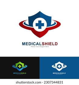 Diseño vectorial del logotipo del escudo médico. Adecuado para las empresas, la salud, la educación y la seguridad