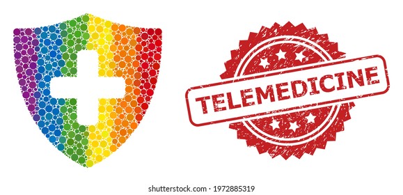 Medical shield mosaic icon of circle elements in different sizes and LGBT bright color tints, and Telemedicine dirty rosette stamp seal. A dotted LGBT-colored Medical shield for lesbians, gays,