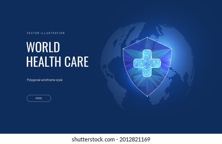 Medical shield on the background of the world in a futuristic polygonal style. Global protection concept, digital vector illustration. Silhouettes of domes with map in geometric wireframe style