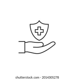Medical shield on hand. Health care icon line style isolated on white background. Vector illustration
