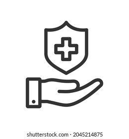 Medical shield on hand. Health care icon line style isolated on white background. Vector illustration