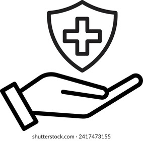 Escudo médico en icono de la mano aislado en fondo blanco. vector de icono de atención de la salud