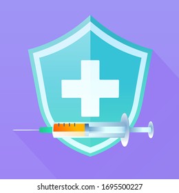Medical shield and syringe icon. Flat art symbol. Vector illustration.