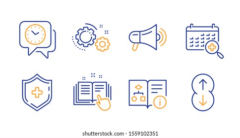 Medical shield, Technical documentation and Technical algorithm line icons set. Clock, Medical calendar and Gears signs. Megaphone, Scroll down symbols. Medicine protection, Manual. Vector