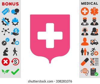 Medical Shield vector icon with bonus. Style is flat symbol, pink color, rounded angles, white background.