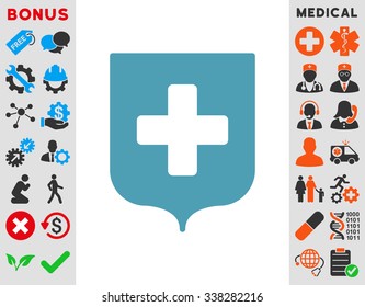 Medical Shield vector icon with bonus. Style is flat symbol, cyan color, rounded angles, white background.