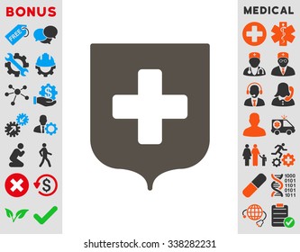 Medical Shield vector icon with bonus. Style is flat symbol, grey color, rounded angles, white background.