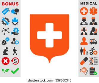 Medical Shield vector icon with bonus. Style is bicolor flat symbol, orange and gray colors, rounded angles, white background.