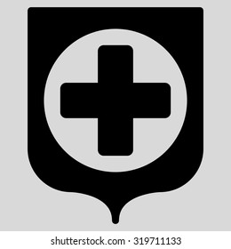Medical Shield vector icon. Style is flat symbol, black color, rounded angles, light gray background.