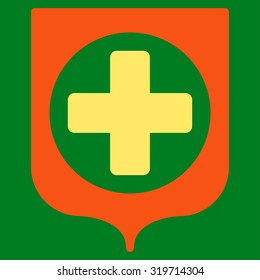 Medical Shield vector icon. Style is bicolor flat symbol, orange and yellow colors, rounded angles, green background.
