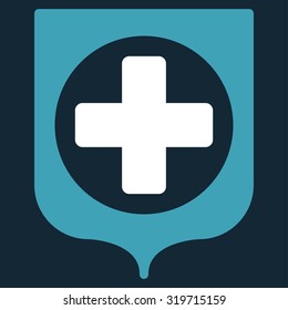 Medical Shield vector icon. Style is bicolor flat symbol, blue and white colors, rounded angles, dark blue background.