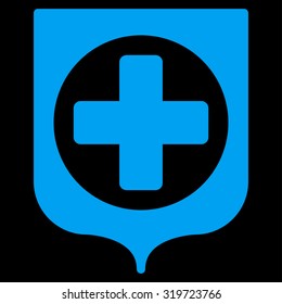 Medical Shield vector icon. Style is flat symbol, blue color, rounded angles, black background.