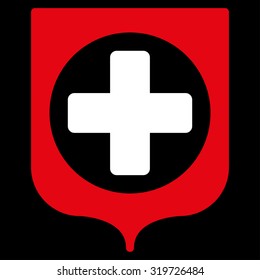 Medical Shield vector icon. Style is bicolor flat symbol, red and white colors, rounded angles, black background.