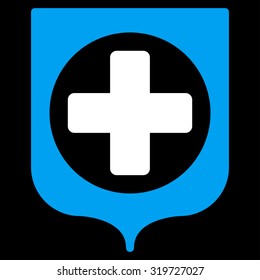 Medical Shield vector icon. Style is bicolor flat symbol, blue and white colors, rounded angles, black background.