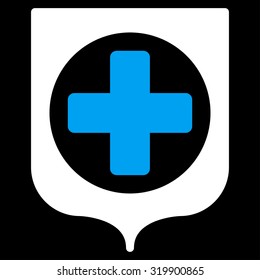 Medical Shield vector icon. Style is bicolor flat symbol, blue and white colors, rounded angles, black background.